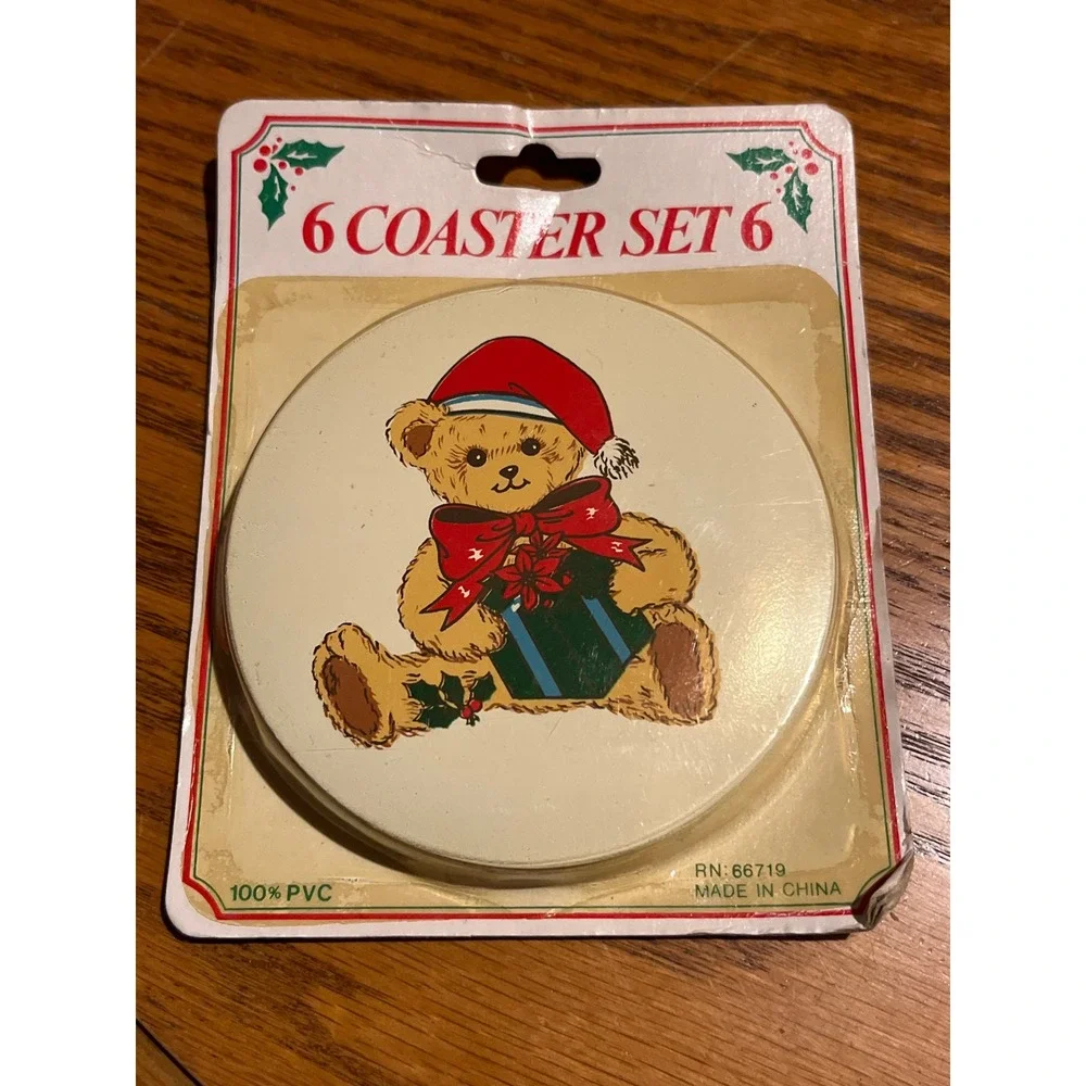 Vintage Christmas Teddy Bear Coaster Set 6 Round PVC Holiday Santa Hat RN 66719